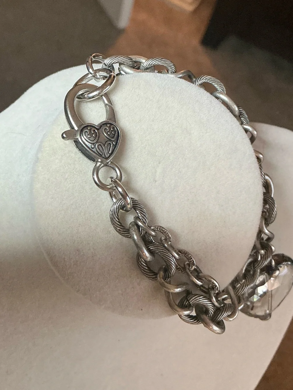 Double Antique Silver Chain Bracelet with Clear Crystal Heart - Picture 3 of 4